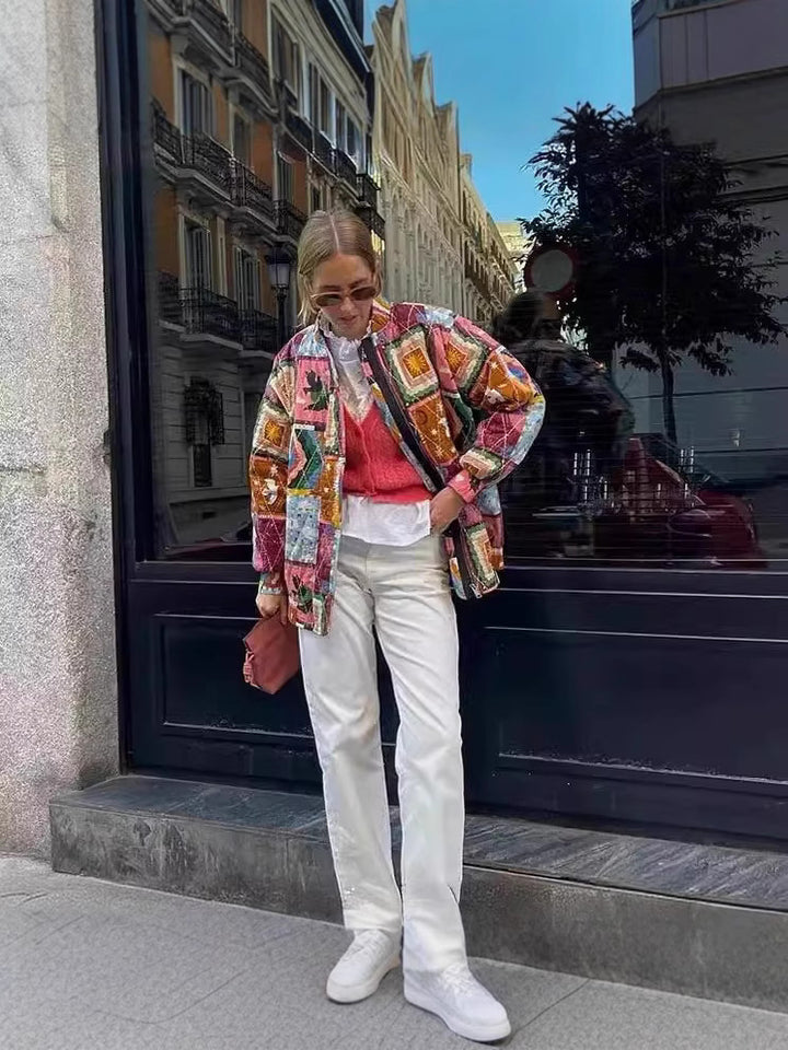 Ladies quilted jacket design with colorful patterns Lune London