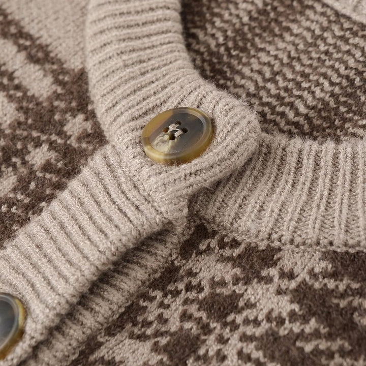 Women Plaid Knit Jacket with Button Placket and Round Neck Lune London