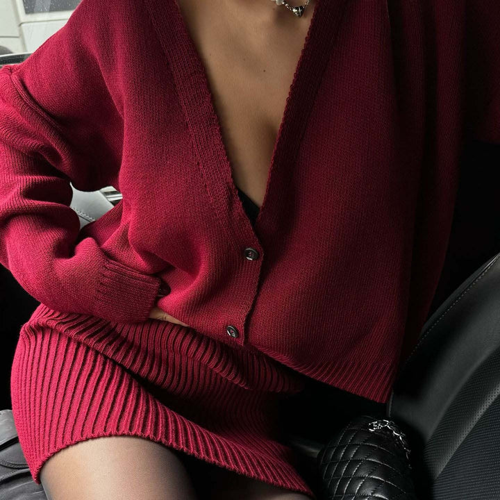 Knitted set for women with deep V-neck and button detail Lune London