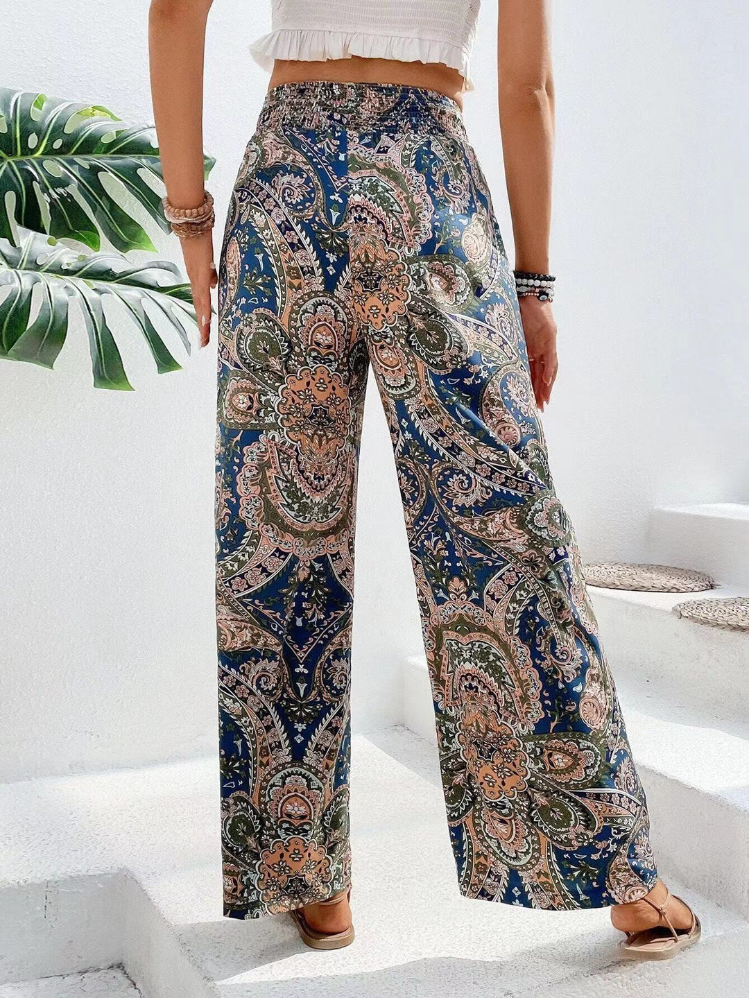 Women's Wide Palazzo Pants with Elastic Waistband and Paisley Pattern Lune London