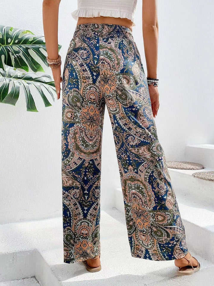 Women's Wide Palazzo Pants with Elastic Waistband and Paisley Pattern Lune London