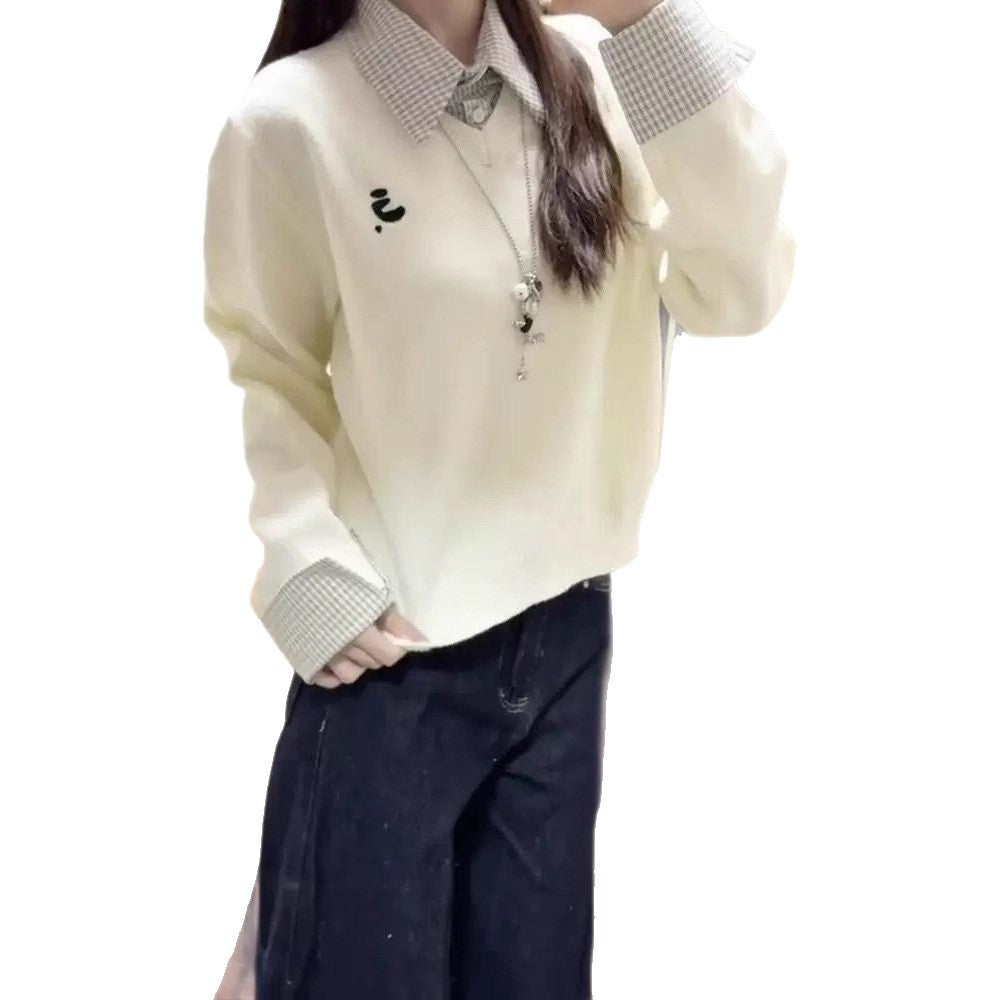 Pull féminin confortable avec col amovible et détails à carreaux Chic & Stil