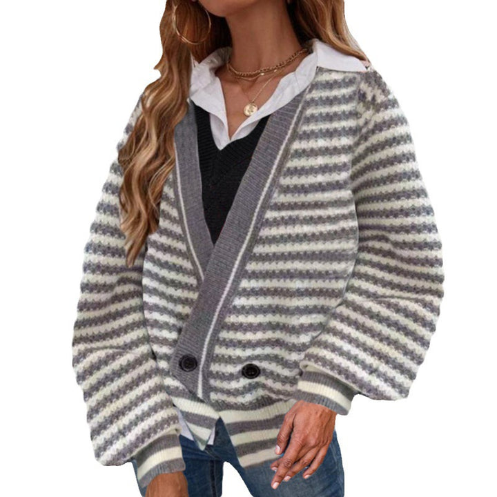 Ladies Thick Knit Cardigan with V Neck and Chic Modern Stripes
