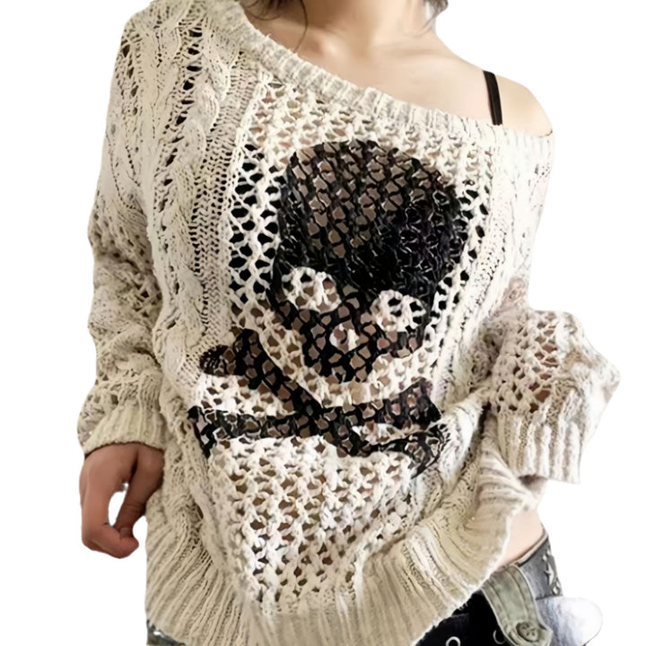 Oversized knit sweater for women with a creative hole pattern and a chic anchor design