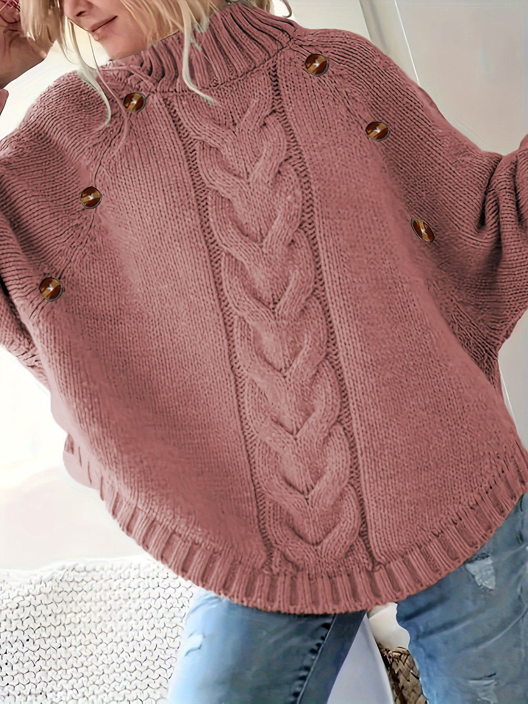 Ladies chunky knit sweater with high collar and button details Lune London