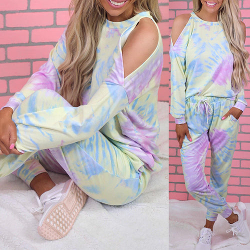Casual loungewear set for women with casual cut-out design and colorful tie-dye pattern Lune London