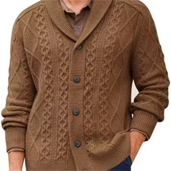 Men's knitted jacket with a clear braid pattern and a modern high collar Lune London