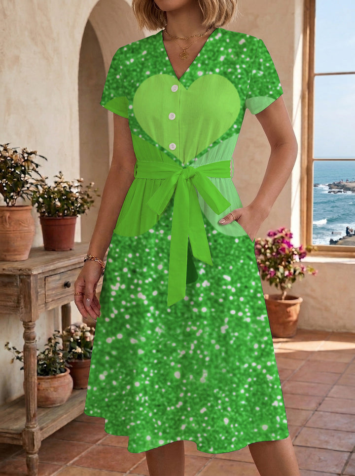 Women's Blooming Midi Dress with Adjustable Belt and Artistic Print Lune London