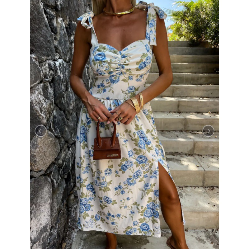 A-line midi dress for women with bow straps Lune London