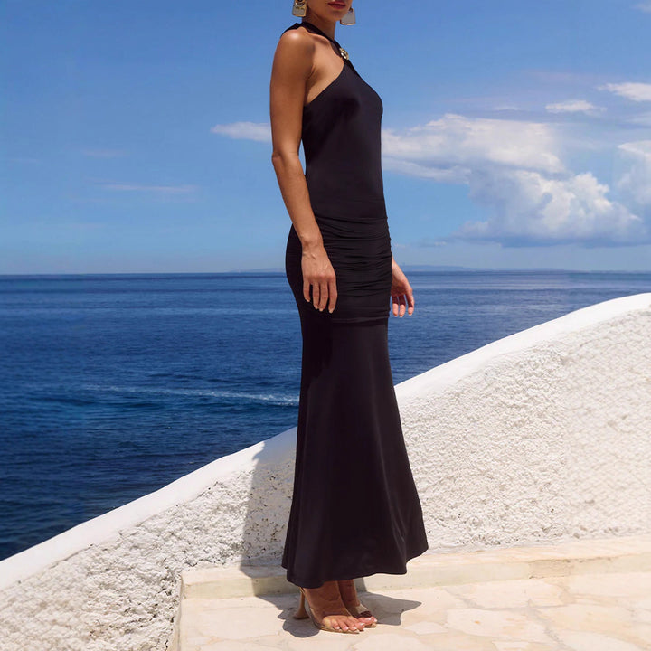 Ladies Elegant Maxi Dress with Spherical Halter Neck and Sophisticated Gathering Lune London