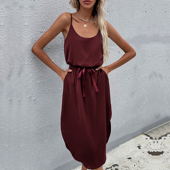 Mid-length dress with adjustable spaghetti straps for women with tied belt Lune London