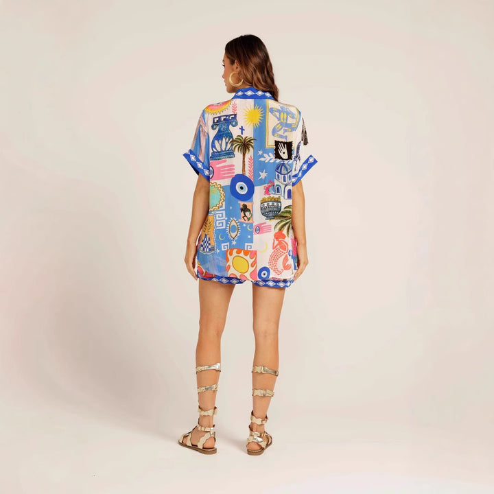 Women's set made of lightweight, printed short-sleeve shirt and shorts with colorful design Lune London