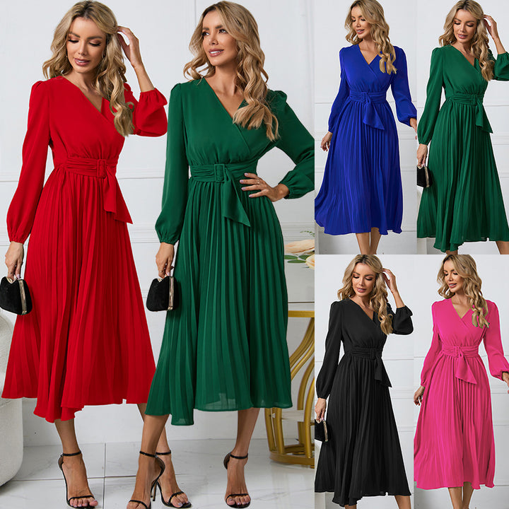 Wrap pleated dress for women with elegant V-neckline and belted waist Lune London