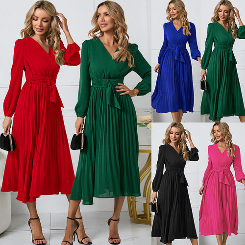 Wrap pleated dress for women with elegant V-neckline and belted waist Lune London