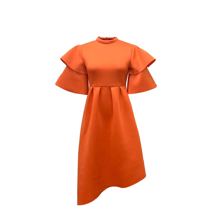 Women Elegant Midi Dress with Ruffles and Puffed Sleeves Lune London