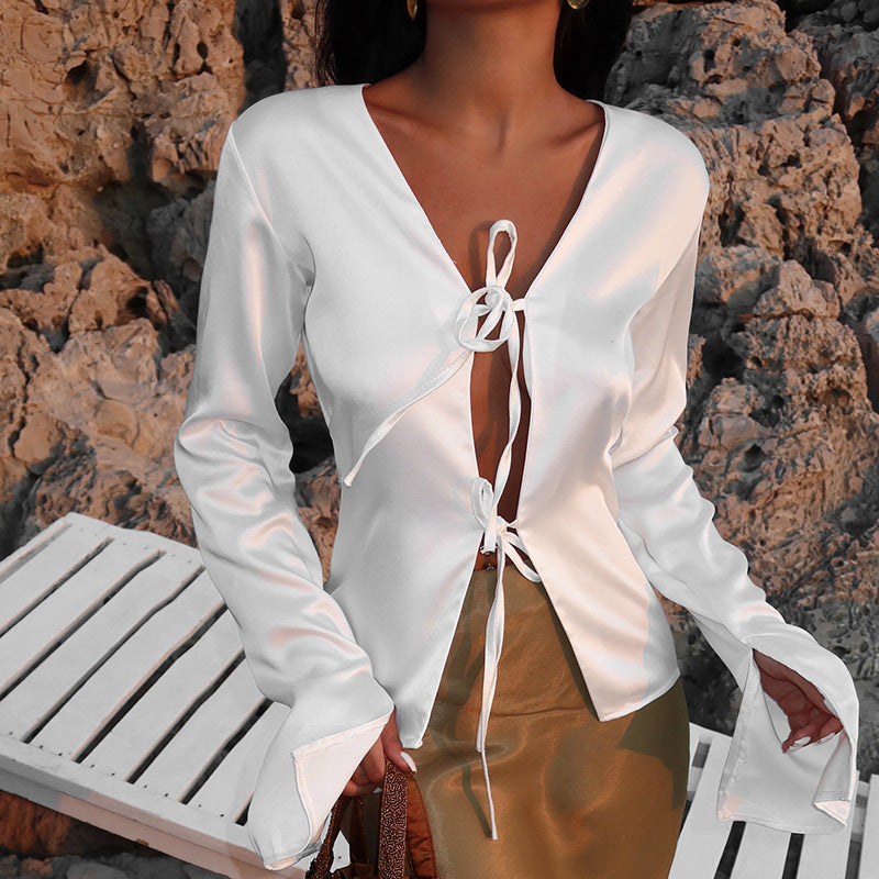 Lune London women's satin blouse with deep V-neck and ties