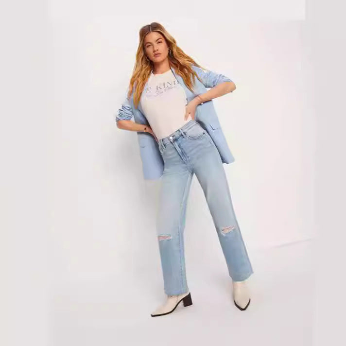 Ladies High-Waist Jeans with fringed hem and trendy tear details Lune London