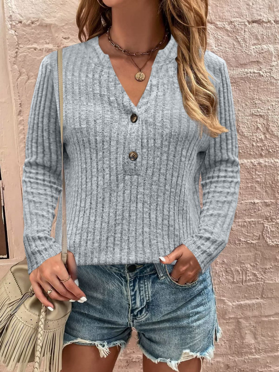 Long sleeve women's t-shirt with ribbed design and button detail Lune London