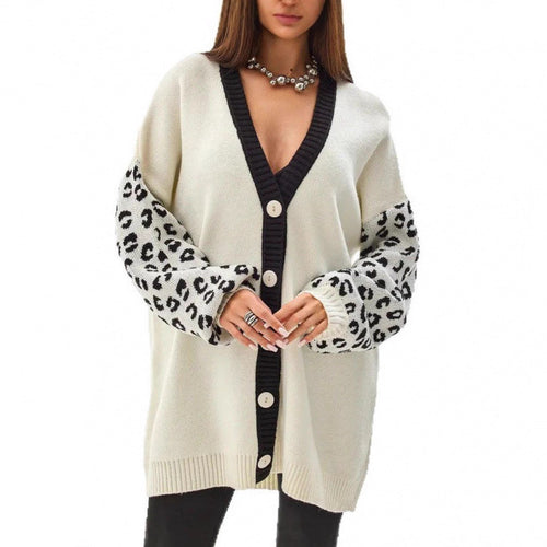 Women chunky knit cardigan with leopard pattern and button details Lune London