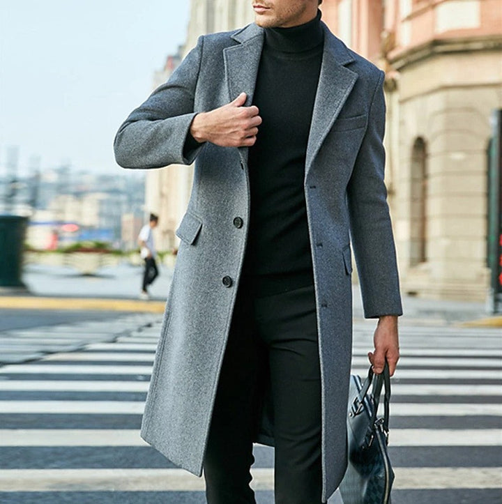 Elegant and modern long coat for men with textured upper fabric Lune London