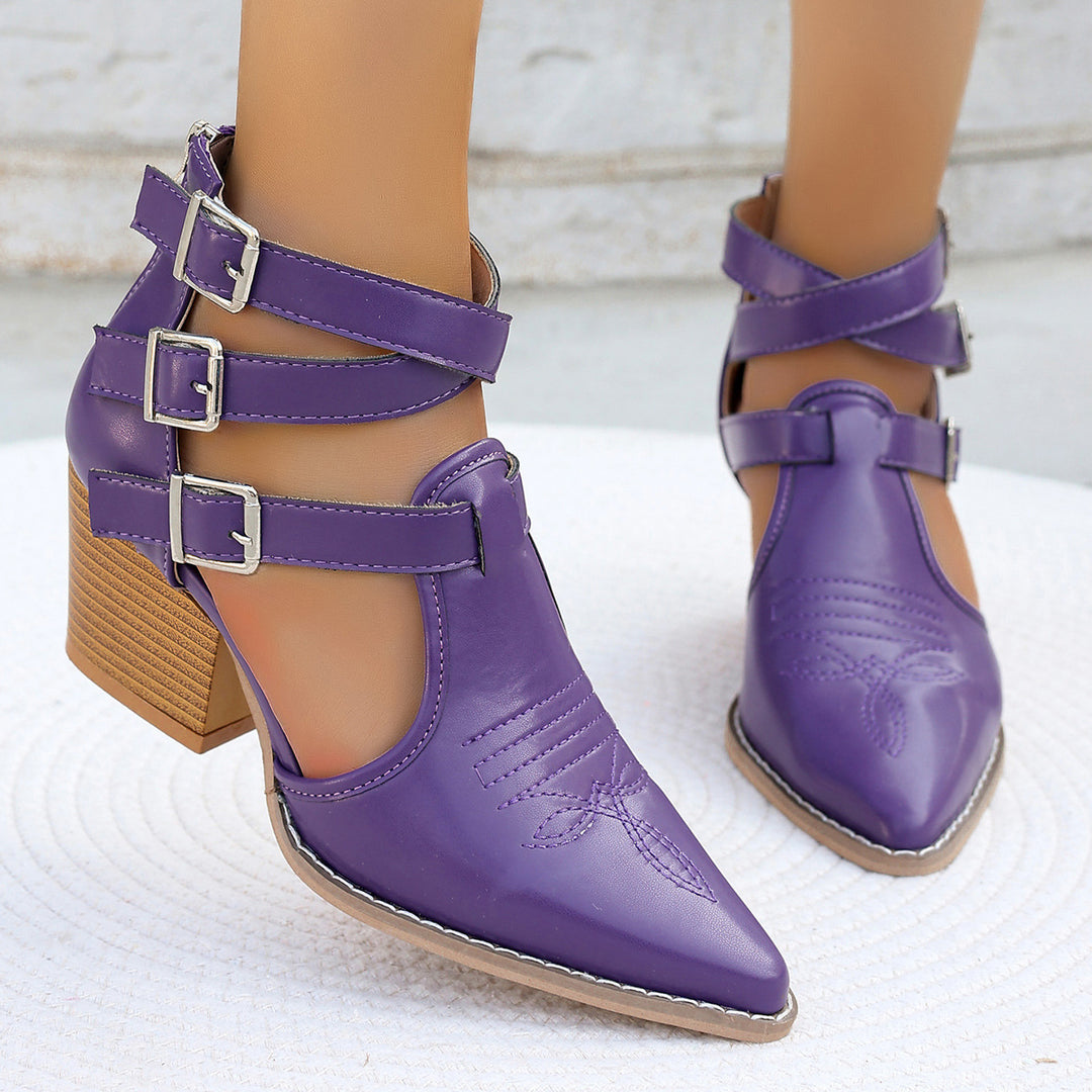 High-heeled ankle boots for women with unique straps and a decorated heel Lune London