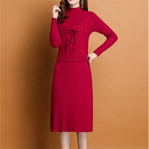 Elegant knitted dress for women with high collar and decorative braid design Lune London