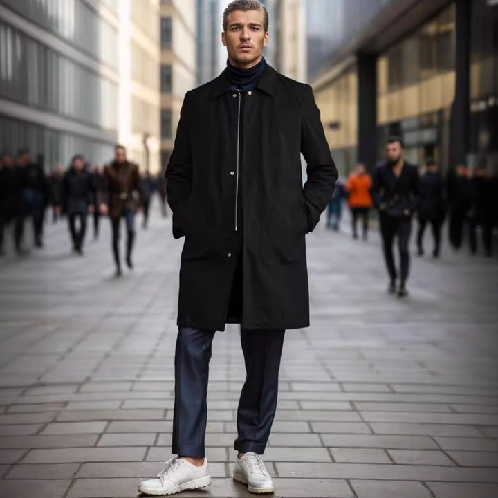 Elegant transitional coat for men with a practical high collar and hidden pockets Lune London
