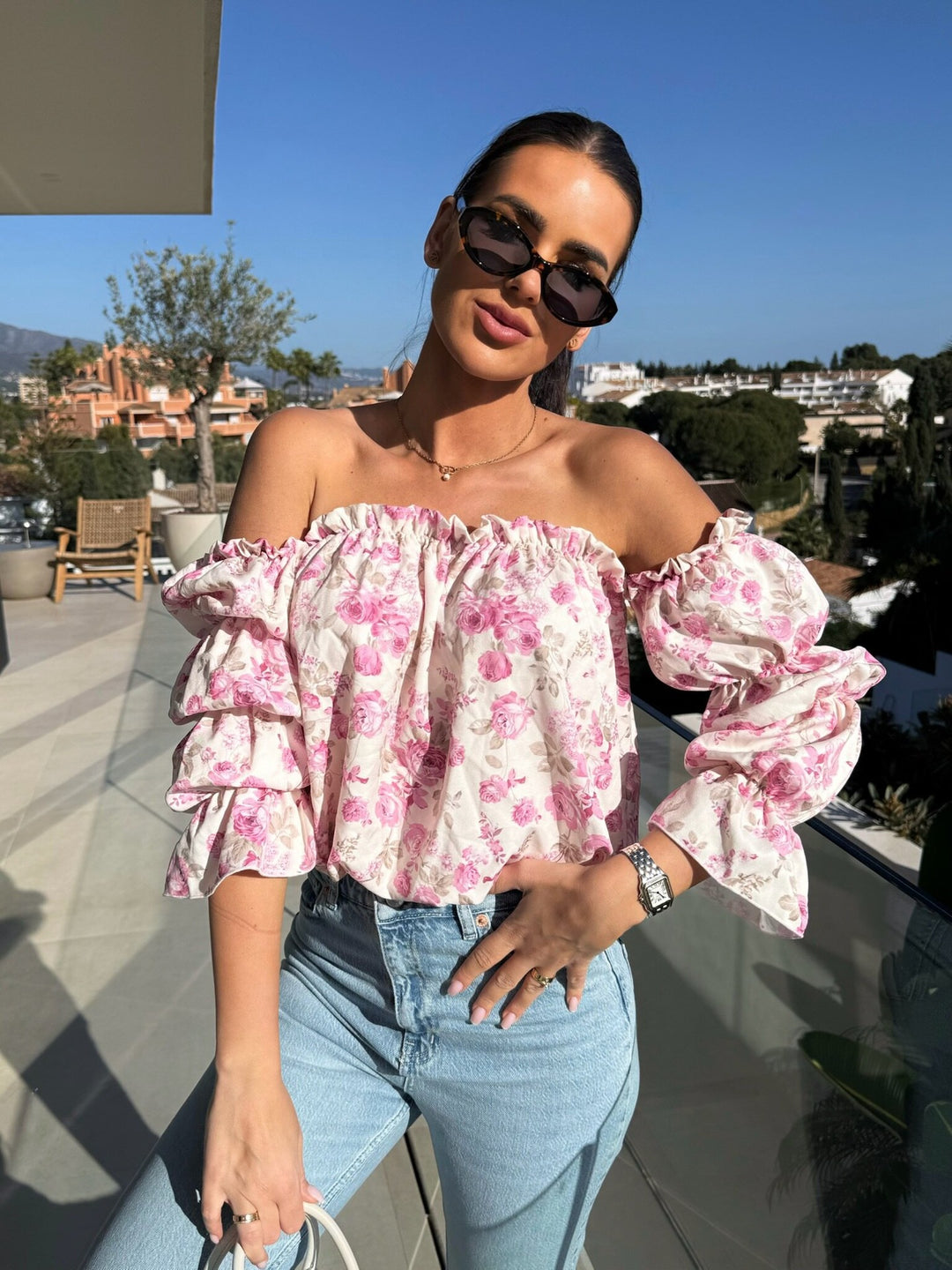 Off-shoulder floral blouse for women with balloon sleeves Lune London