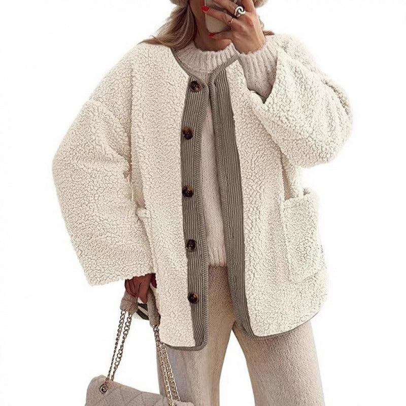 Ladies Cozy Teddy Jacket with Button Closure and Patch Pockets Lune London