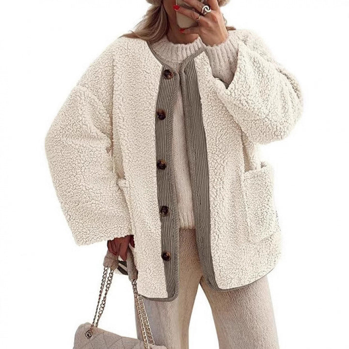 Ladies Cozy Teddy Jacket with Button Closure and Patch Pockets Lune London