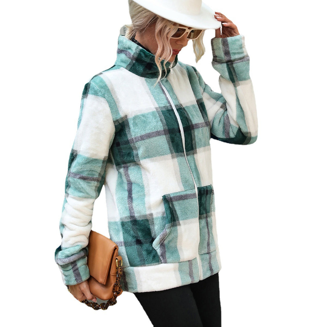 Fleece jacket for women with a modern plaid pattern and a high collar Lune London