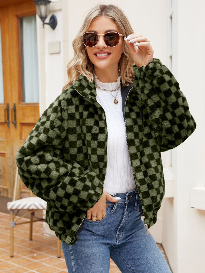 Fleece jacket for women with a modern checked pattern and high collar Lune London