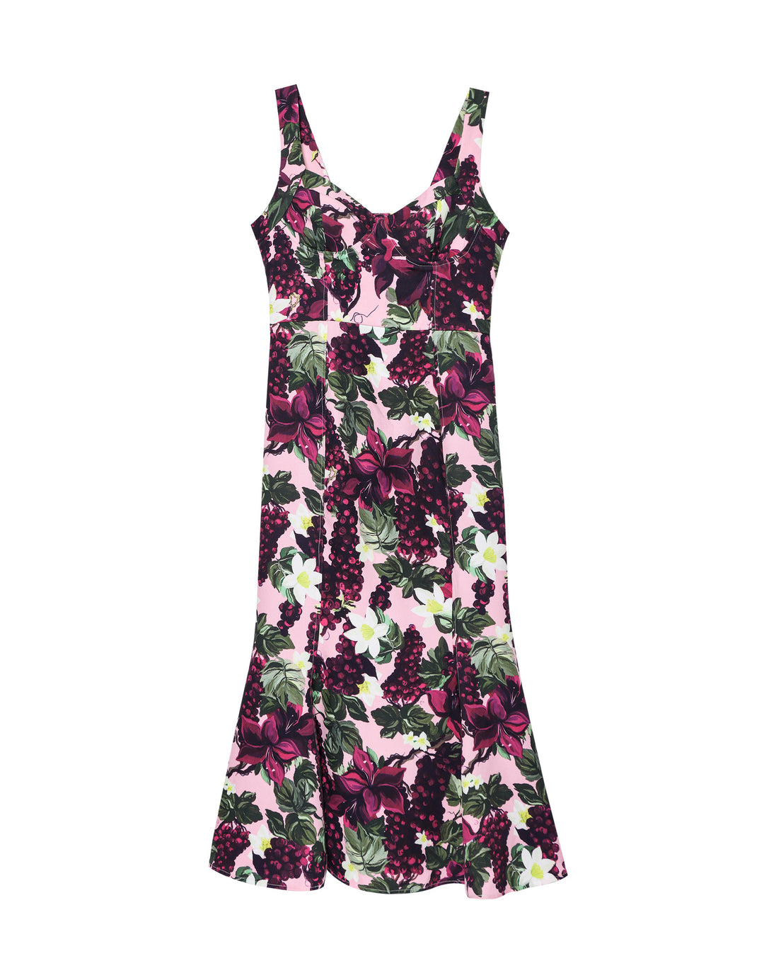 Maxi dress for women with a floral design featuring a fluid hem and a deep V neck Lune London