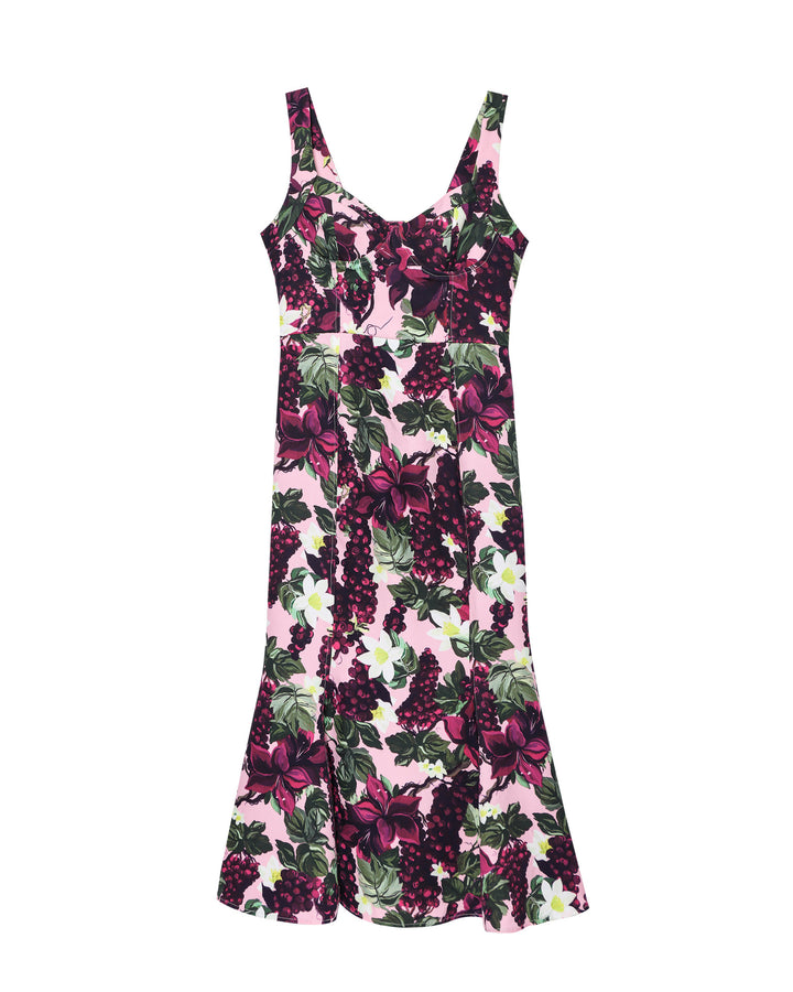 Maxi dress for women with a floral design featuring a fluid hem and a deep V neck Lune London