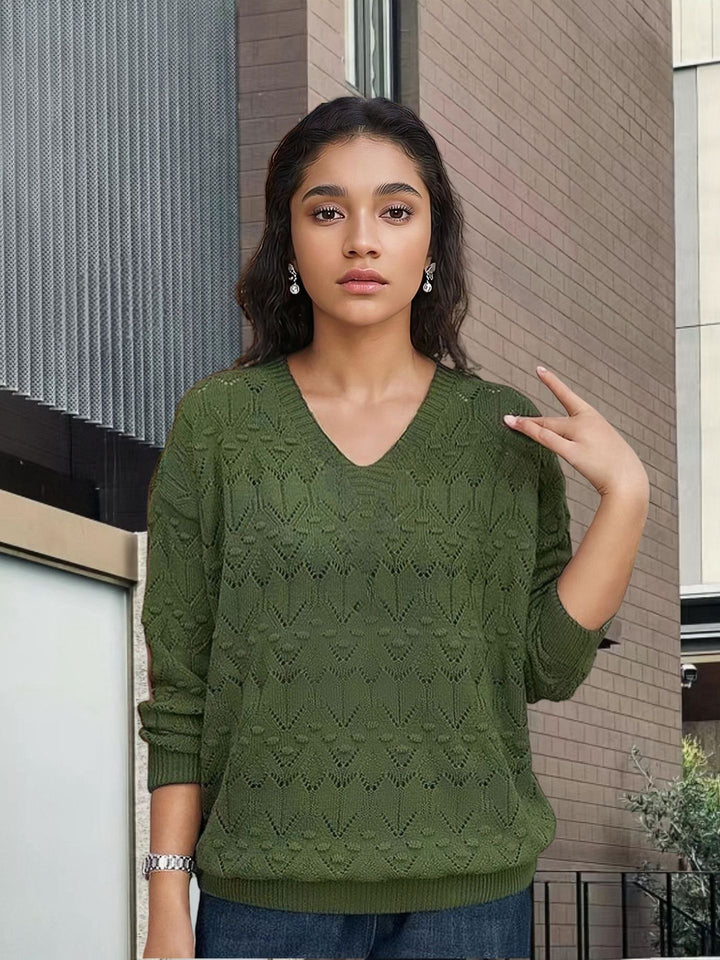 Knit sweater for women with V-neck and a delicate lace design Lune London