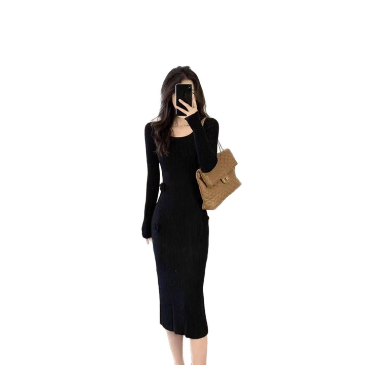 Maxi knit dress for women with decorative buttons and a fitted silhouette Lune London