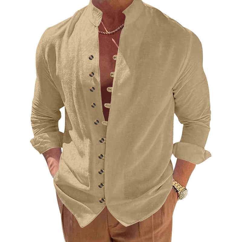 Fashionable long-sleeve shirt for men with a modern button design and a chic stand-up collar