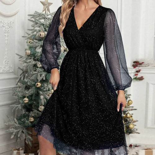 Glamorous midi dress for women with transparent puff sleeves and a sparkling sequin pattern Lune London