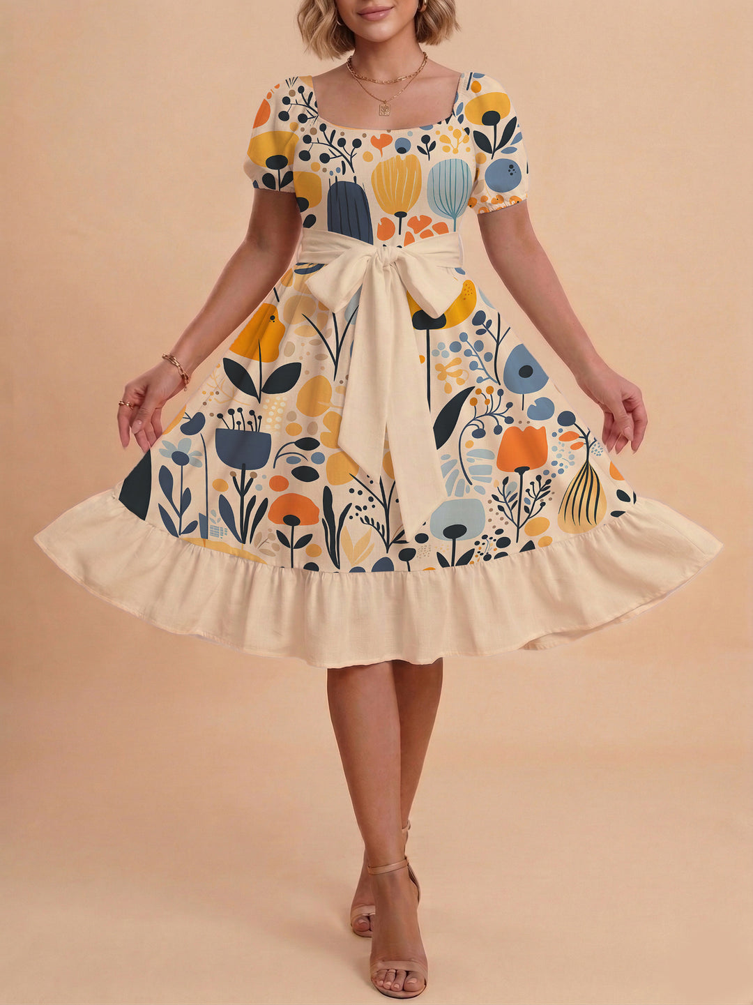 Women's Midi Dress with Elegant Floral Print and Fitted Belt Lune London