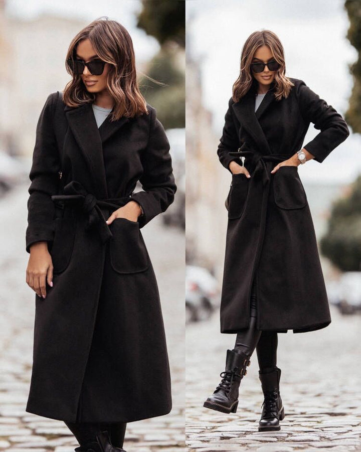 Elegant Women's Long Sleeve Wool Coat with Belt Lune London
