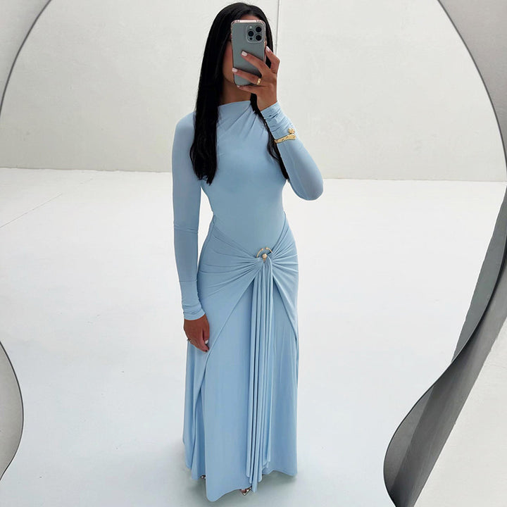 Ladies Elegant Maxi Dress with Draped Details and Chic Long Sleeve