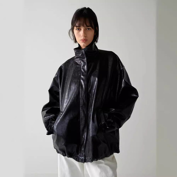 Veste en cuir surdimensionnée tendance pour femme avec col montant et fermeture par bouton-pression Chic & Stil