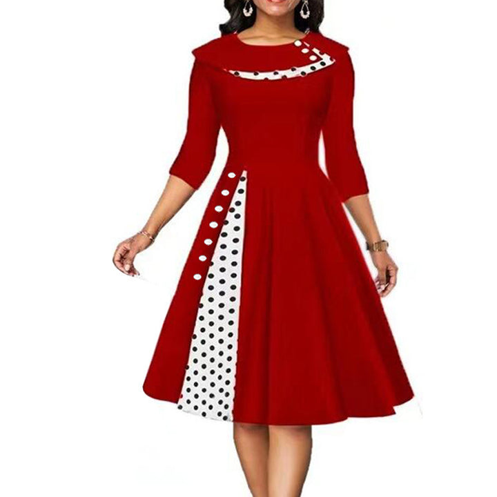 Elegant Woman Midi-Dress with Polka Dots and Chic Side Contrast Detail