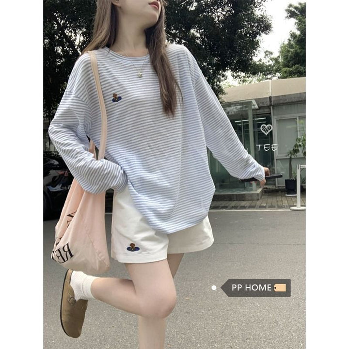 Women's long sleeve T-shirt with casual striped pattern and embroidered design Chic & Stil
