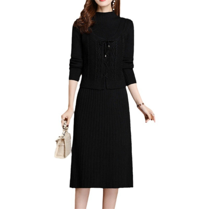 Elegant knitted dress for women with high collar and decorative braid design Lune London