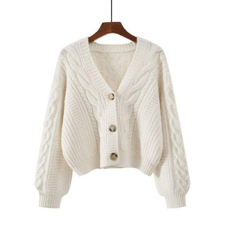 Women's Cardigan with Elaborate Cable Pattern and Deep V-Neck Lune London