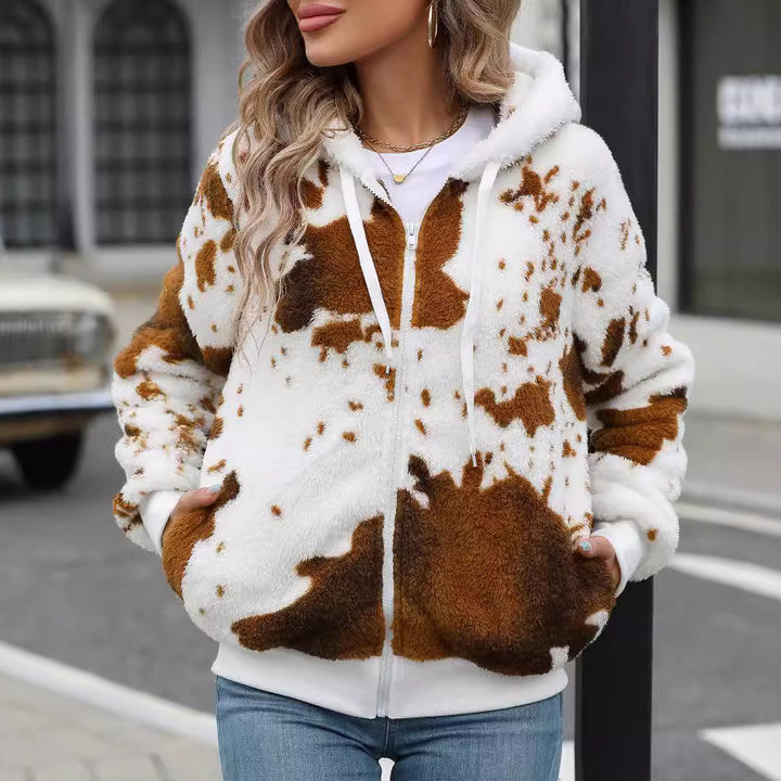 Women's plush jacket with animal print and practical pockets Lune London