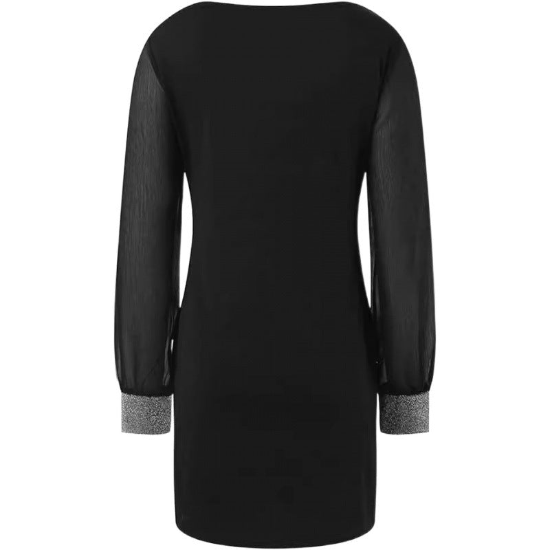 Ladies Elegant Slim V Neck Dress with Long Sheer Sleeves and Chic Gem Accents