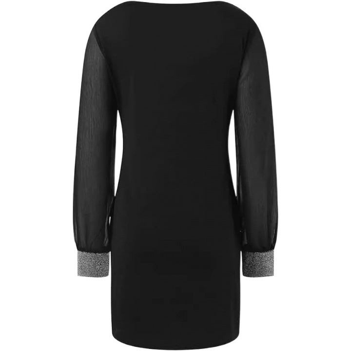 Ladies Elegant Slim V Neck Dress with Long Sheer Sleeves and Chic Gem Accents