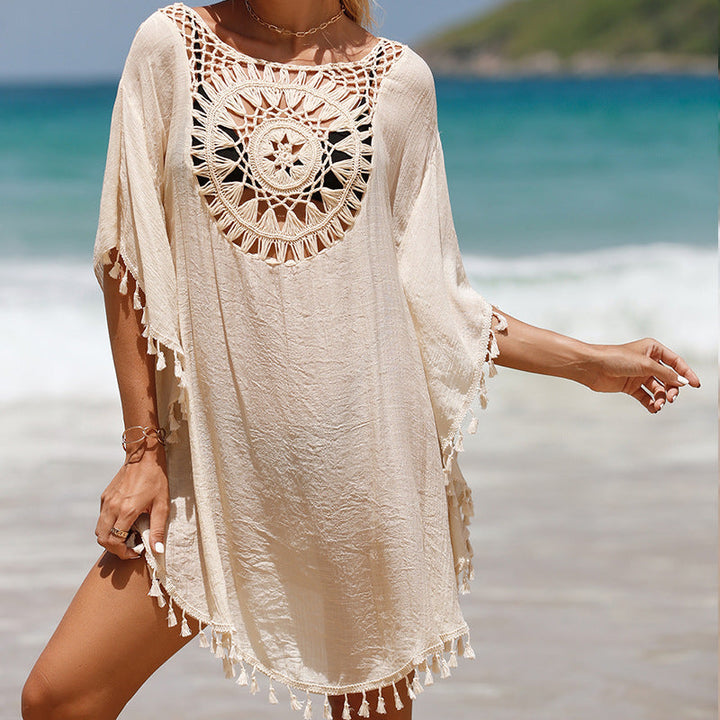 Women's beach tunic with artistic crochet design and fringed hems Lune London